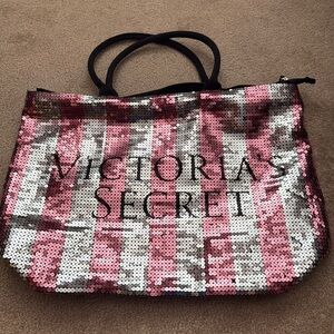 Vintage Victoria’s Secret  pink and silver sequin zippered tote bag